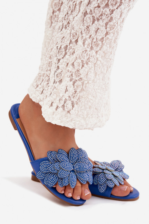 Women's Flat Blue Slides With Embellishment Grelora