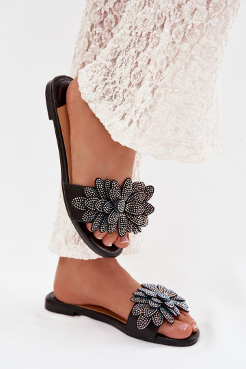 Women's Flat Decorated Black Grelora Slides