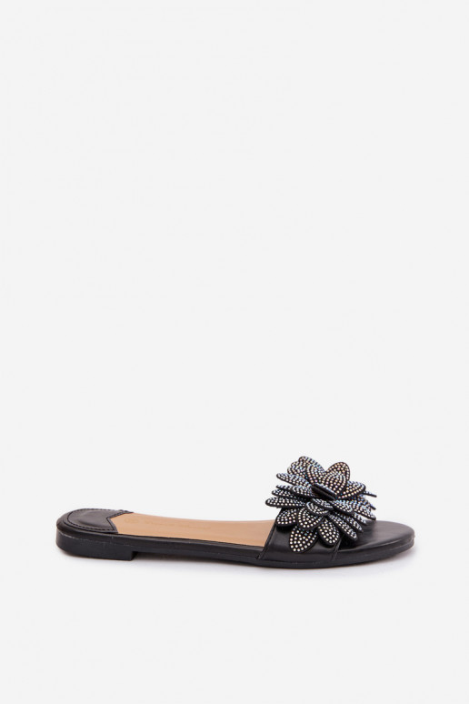 Women's Flat Decorated Black Grelora Slides