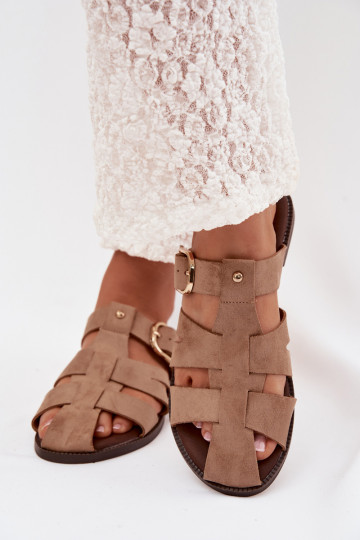 Women's Flat Sandals With Straps And Gold Buckle Beżowe Elzora