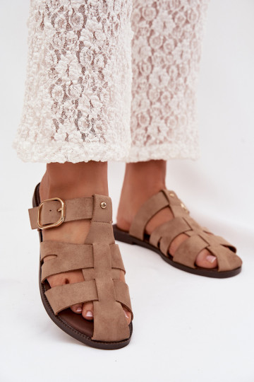 Women's Flat Sandals With Straps And Gold Buckle Beżowe Elzora 2