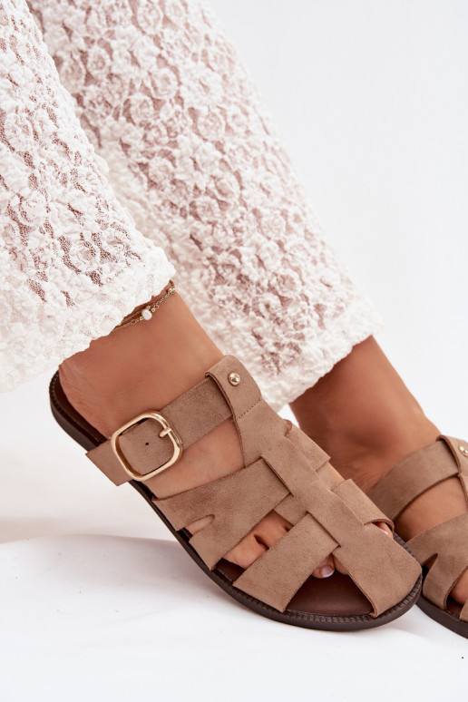 Women's Flat Sandals With Straps And Gold Buckle Beżowe Elzora