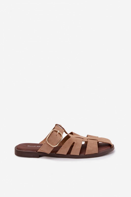 Women's Flat Sandals With Straps And Gold Buckle Beżowe Elzora
