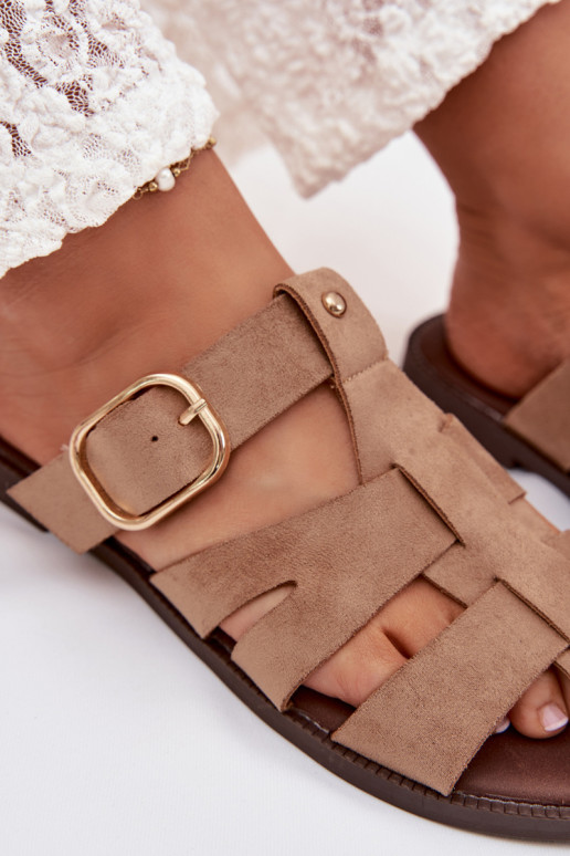 Women's Flat Sandals With Straps And Gold Buckle Beżowe Elzora