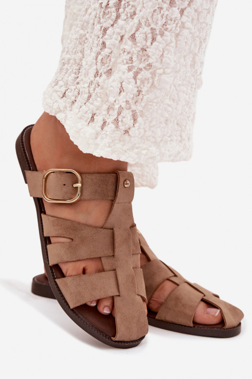 Women's Flat Sandals With Straps And Gold Buckle Beżowe Elzora