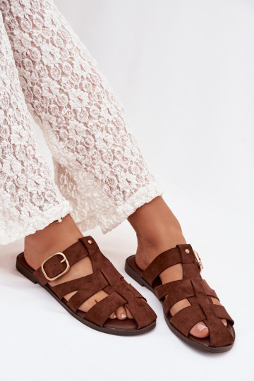 Women's Flat Sandals With Straps And Gold Buckle Beżowe Elzora