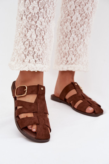 Women's Flat Sandals With Straps And Gold Buckle Beżowe Elzora 2