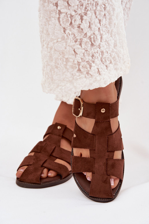 Klapki Damskie Na Płaskim ObcasiewithPaskami I Złotą Klamrą Brązowe Elzora