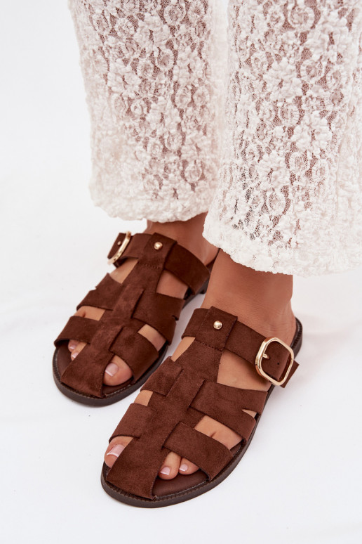 Women's Flat Sandals With Straps And Gold Buckle Beżowe Elzora