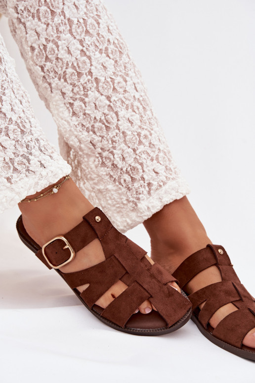 Women's Flat Sandals With Straps And Gold Buckle Beżowe Elzora