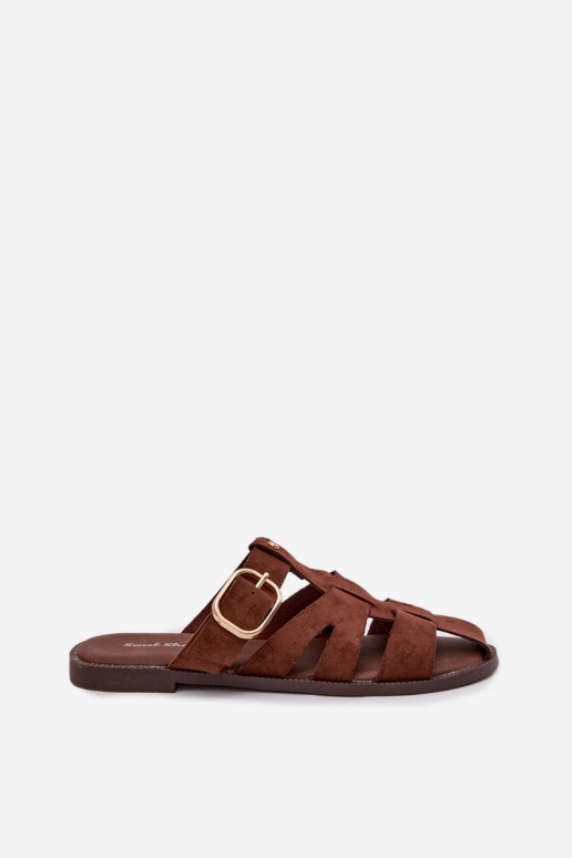 Women's Flat Sandals With Straps And Gold Buckle Beżowe Elzora
