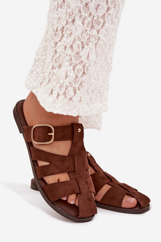 Women's Flat Sandals With Straps And Gold Buckle Beżowe Elzora