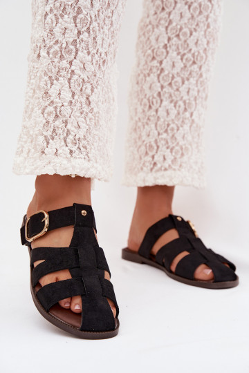 Women's Flat Sandals With Straps And Gold Buckle Black Elzora 2
