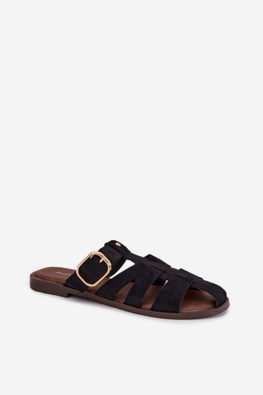 Women's Flat Sandals With Straps And Gold Buckle Black Elzora