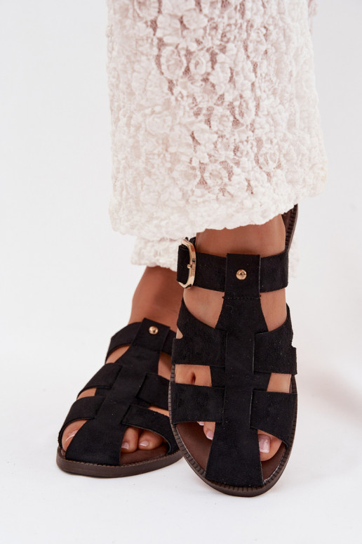 Women's Flat Sandals With Straps And Gold Buckle Black Elzora