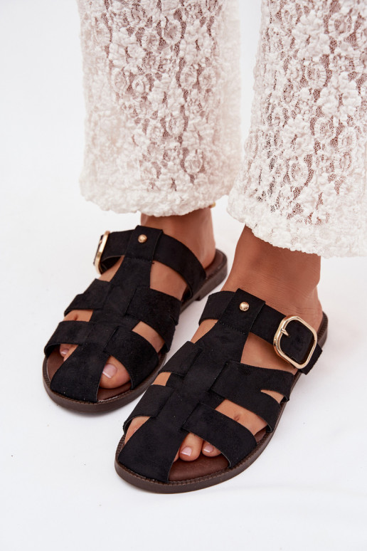 Women's Flat Sandals With Straps And Gold Buckle Black Elzora