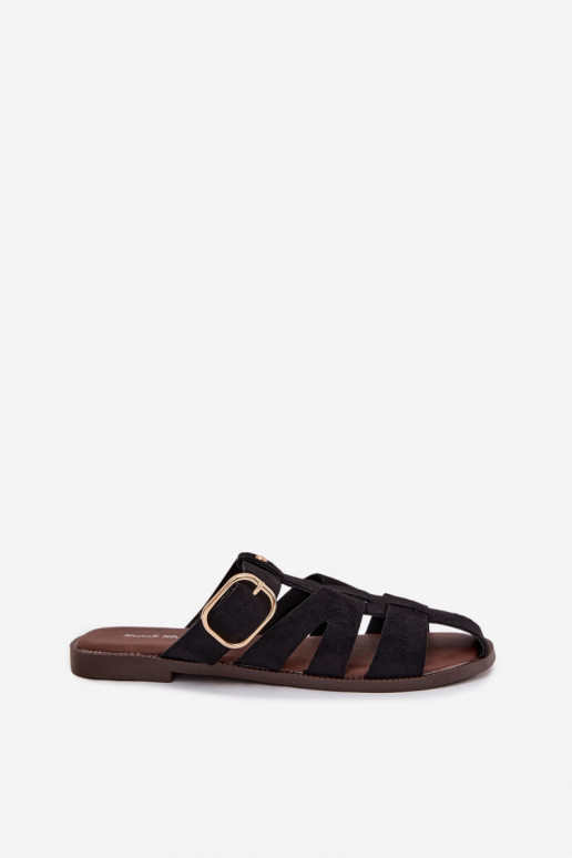 Women's Flat Sandals With Straps And Gold Buckle Black Elzora