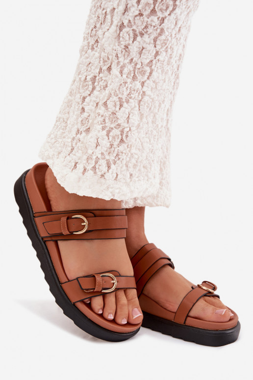 Women's Platform Sandals With Straps And Gold Buckles Camel Rirea