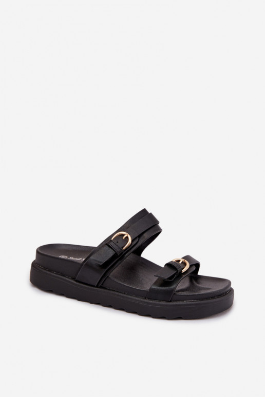 Women's Platform Sandals With Straps and Gold Buckles Black Rirea