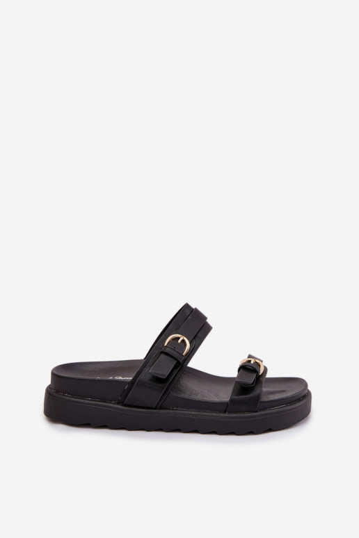 Women's Platform Sandals With Straps and Gold Buckles Black Rirea