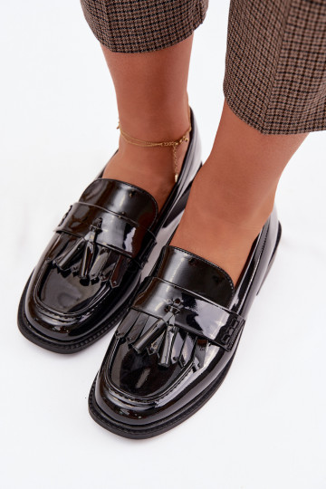 Patent Leather Women's Loafers With Fringes Black Galera