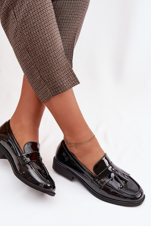 Patent Leather Women's Loafers With Fringes Black Galera