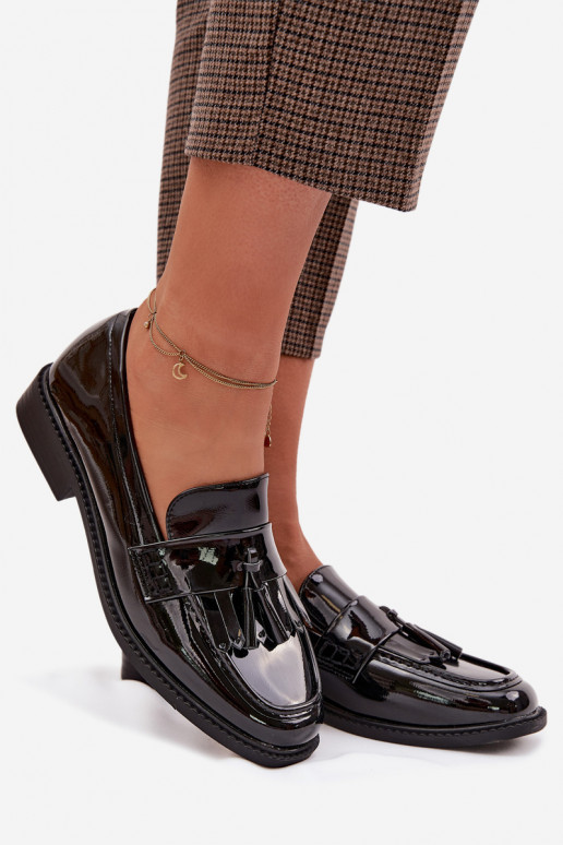 Patent Leather Women's Loafers With Fringes Black Galera