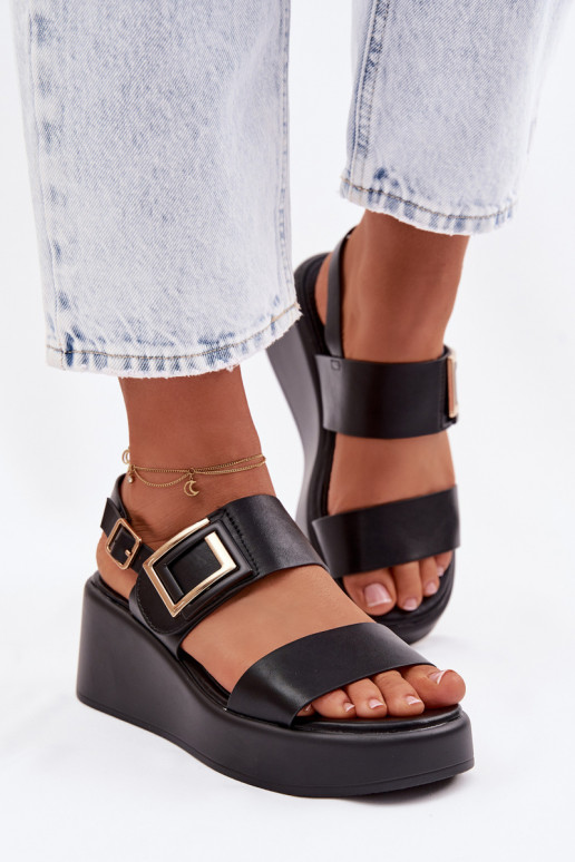 Sandały Damskie Na KoturniewithOzdobnym Detalem Czarne Nelira