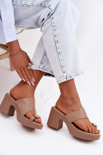 Women's Block Heel Sandals With Gold Detail Dark Beige Sinora