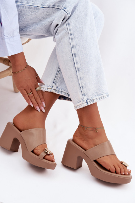 Women's Block Heel Sandals With Gold Detail Dark Beige Sinora