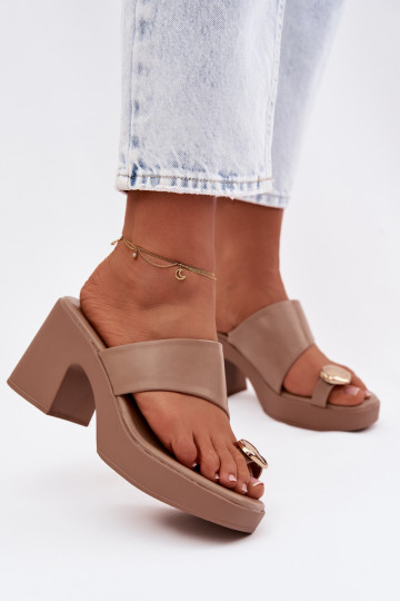 Women's Block Heel Sandals With Gold Detail Dark Beige Sinora 2