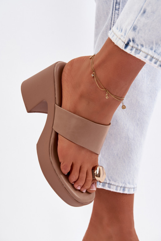 Women's Block Heel Sandals With Gold Detail Dark Beige Sinora