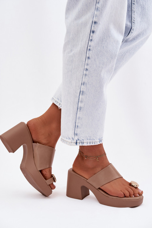 Women's Block Heel Sandals With Gold Detail Dark Beige Sinora