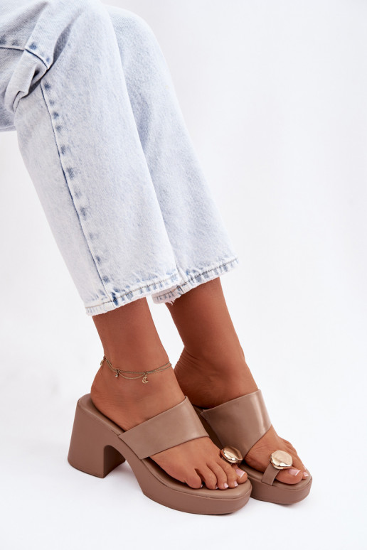 Women's Block Heel Sandals With Gold Detail Dark Beige Sinora