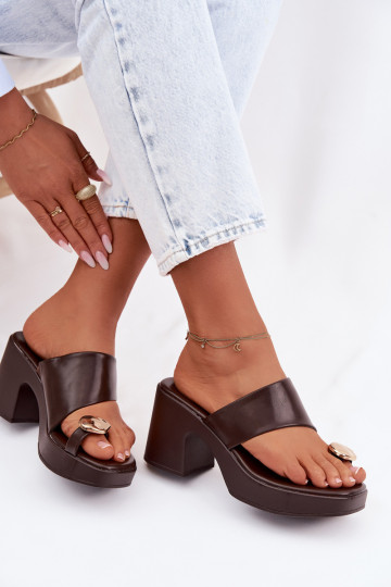 Women's Block Heel Sandals With Gold Detail Chocolate Sinora