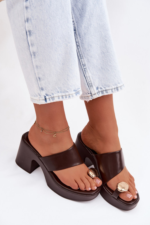 Women's Block Heel Sandals With Gold Detail Chocolate Sinora