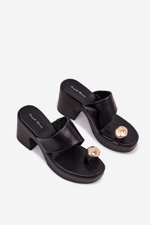 Women's Block Heel Sandals With Gold Detail Black Sinora