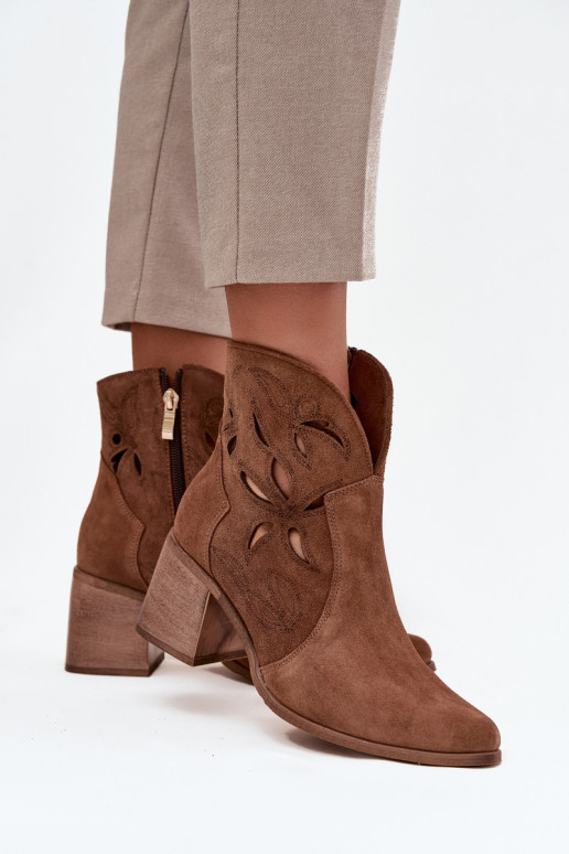 Women's Openwork Ankle Boots Made of Natural Suede on Heel Zazoo 3690 Brown