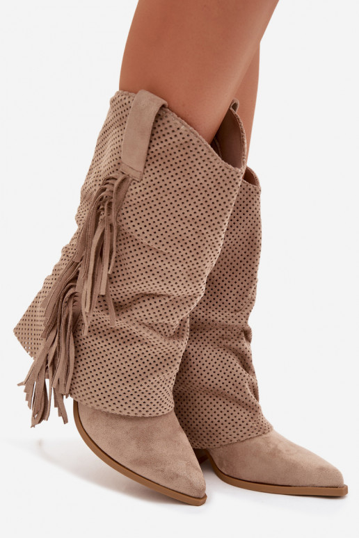 Beige Pireya Cowboy Boots With Fringes Block Heel