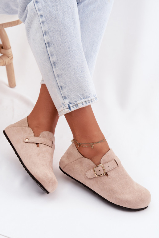 Women's Eco Suede Loafers With Gold Buckle Beige Ismora