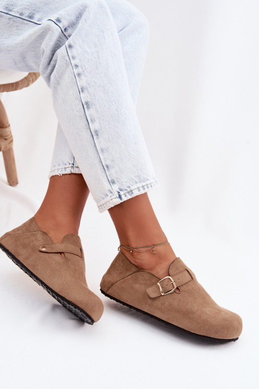 Women's Eco Suede Brogues With Gold Buckle Dark Beige Ismora