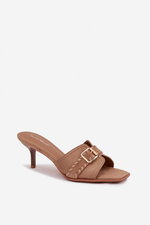 Women's High Heel Sandals With Strap And Gold Buckle Dark Beige Jelira