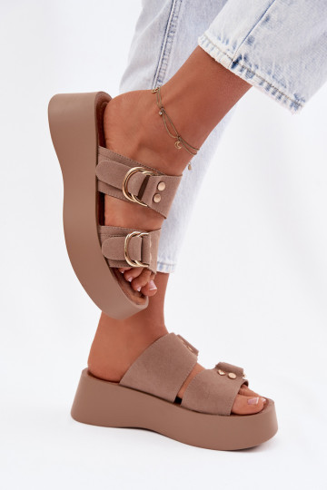 Women's Platform Sandals With Gold Buckles Dark Beige Nelirae