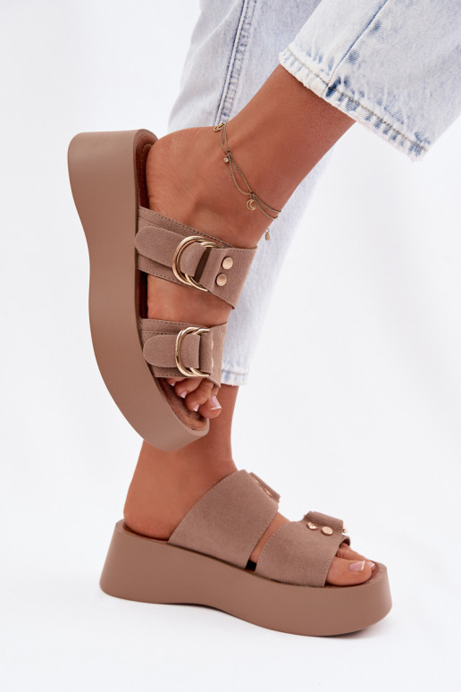 Women's Platform Sandals With Gold Buckles Dark Beige Nelirae