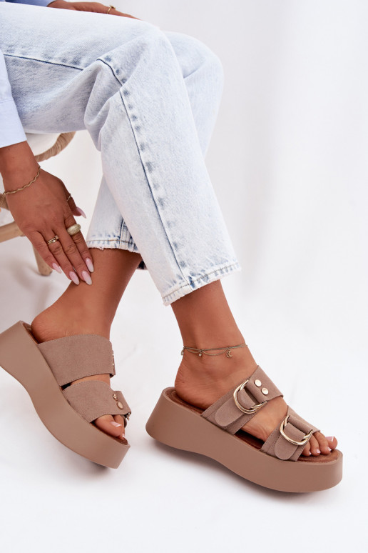 Women's Platform Sandals With Gold Buckles Dark Beige Nelirae