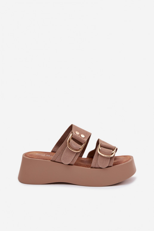 Women's Platform Sandals With Gold Buckles Dark Beige Nelirae