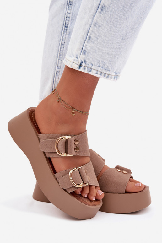Women's Platform Sandals With Gold Buckles Dark Beige Nelirae