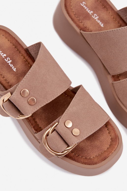 Women's Platform Sandals With Gold Buckles Dark Beige Nelirae