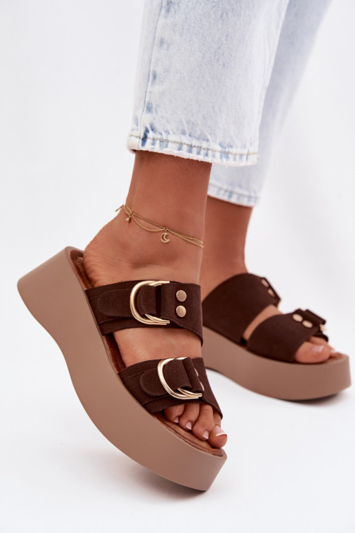 Women's Platform Sandals With Gold Buckles Chocolate Nelirae