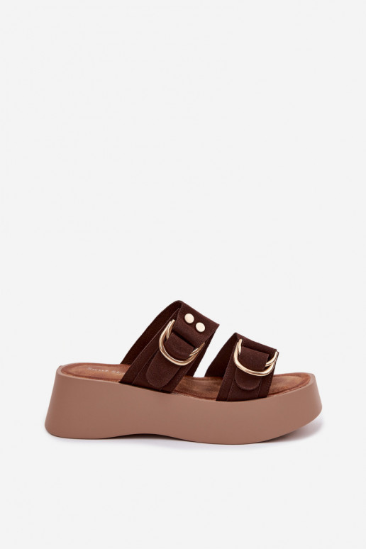 Women's Platform Sandals With Gold Buckles Chocolate Nelirae